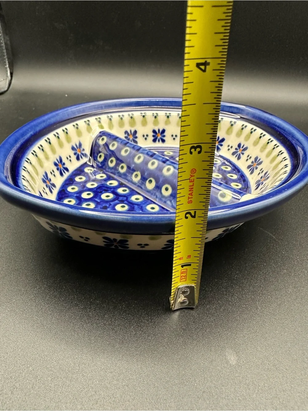 Boleslawiec Polish Pottery Divided Dish–Peacock Pattern, Handmade in Poland, EUC